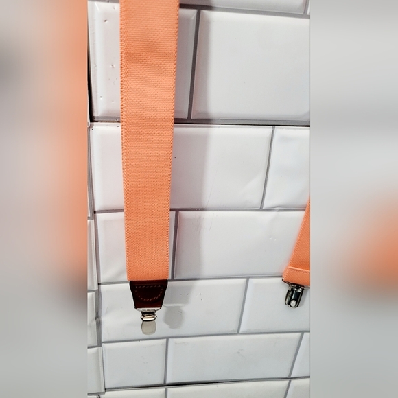 Mens Nylon Stretch Suspenders Braces Color Peach Melon Silver Faux Brown Leather - Picture 2 of 5